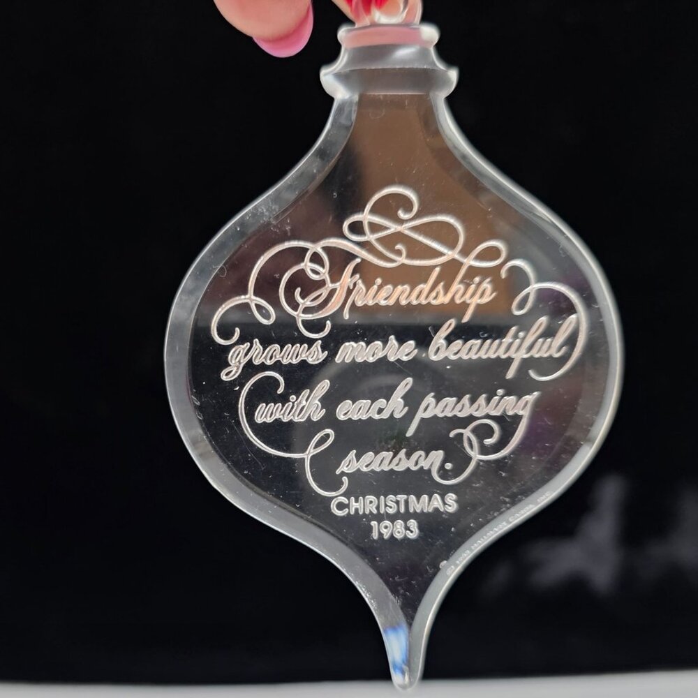 Hallmark 1983 Friendship Christmas Ornament Acrylic Teardrop Shape Red Ribbon